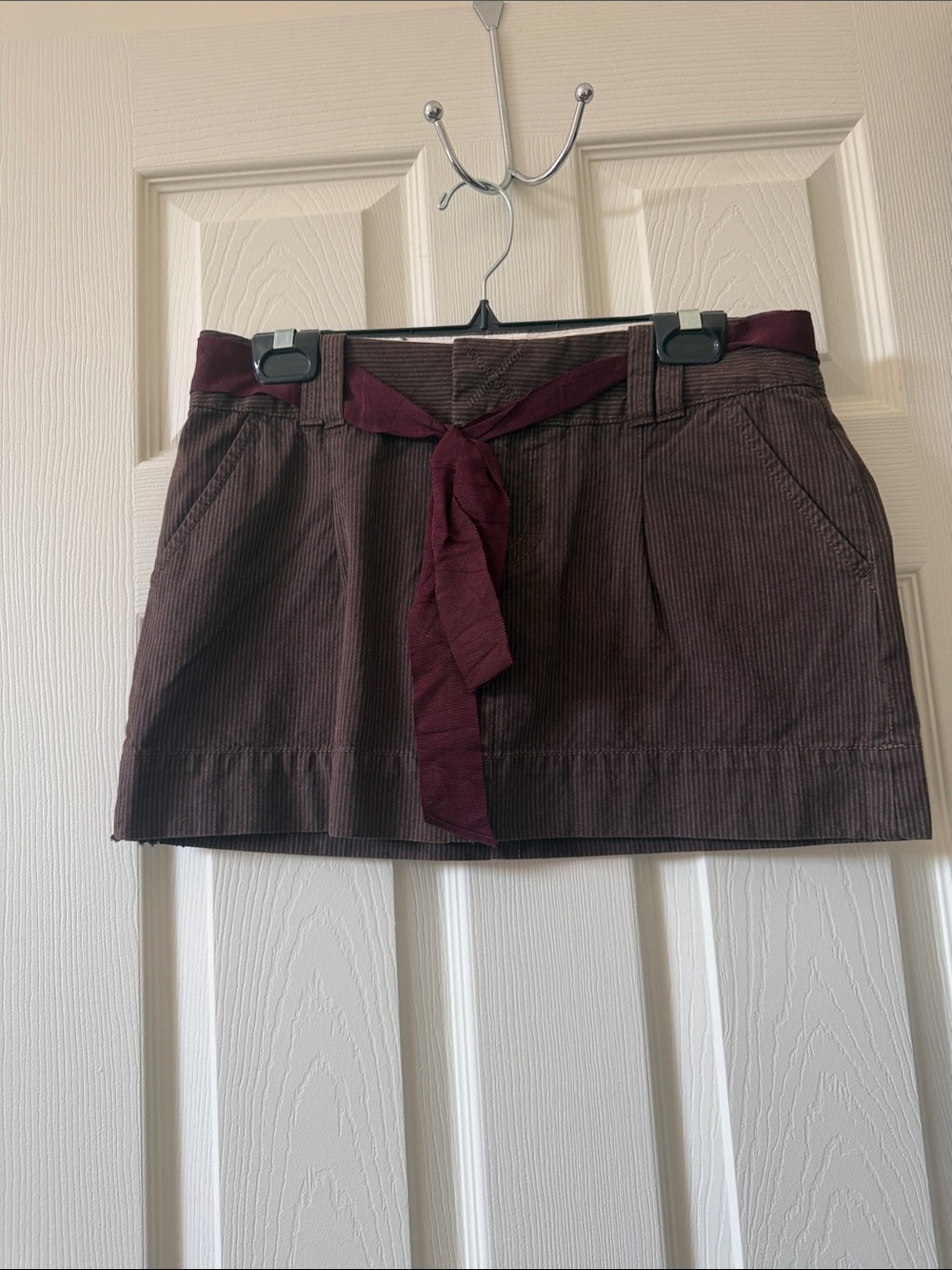 Brown Corduroy Mini Skirt with Burgundy Waist Tie